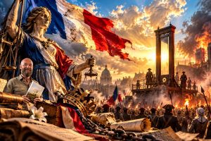 Cinematische historische illustratie van de Franse Revolutie met Rypke Zeilmaker op de voorgrond, afgebeeld met een boek over politieke macht en ideologie. Op de achtergrond symboliseren een monumentaal beeld, een Franse driekleur, een guillotine, revolutionaire menigten, brandende gebouwen, gebroken kronen, ketenen en historische documenten de gewelddadige keerzijde van de idealen vrijheid, gelijkheid en broederschap. De dramatische goudgele zonnestralen contrasteren met donkere rookwolken en benadrukken de spanning tussen revolutionaire idealen, politieke utopieën, onderdrukking en massaal geweld.