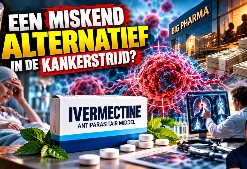 Een miskend alternatief in de kankerstrijd? Cinematische afbeelding over ivermectine, kankeronderzoek en chemotherapie, met een verpakking ivermectine op de voorgrond, een patiënt die lijdt onder een zware kankerbehandeling, een tumorcel in beeld, medische scans, een arts die kankerbeelden onderzoekt en een farmaceutisch gebouw met stapels geld als symbool voor de commerciële belangen binnen de oncologie. De afbeelding verbeeldt de discussie over mogelijke nieuwe toepassingen van bestaande antiparasitaire medicijnen, de visie van dr. William Makis en de vraag of goedkope, herbestemde geneesmiddelen een rol kunnen spelen in toekomstig kankeronderzoek.