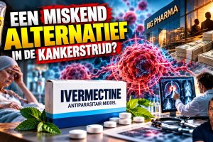 Een miskend alternatief in de kankerstrijd? Cinematische afbeelding over ivermectine, kankeronderzoek en chemotherapie, met een verpakking ivermectine op de voorgrond, een patiënt die lijdt onder een zware kankerbehandeling, een tumorcel in beeld, medische scans, een arts die kankerbeelden onderzoekt en een farmaceutisch gebouw met stapels geld als symbool voor de commerciële belangen binnen de oncologie. De afbeelding verbeeldt de discussie over mogelijke nieuwe toepassingen van bestaande antiparasitaire medicijnen, de visie van dr. William Makis en de vraag of goedkope, herbestemde geneesmiddelen een rol kunnen spelen in toekomstig kankeronderzoek.