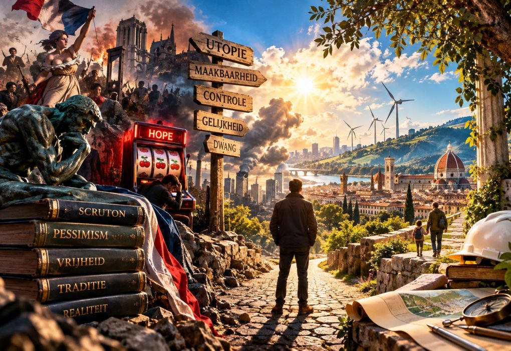 Cinematische symbolische afbeelding over Rypke Zeilmaker en Roger Scruton, met de tegenstelling tussen politiek utopisme en gezond pessimisme, een gokautomaat met het woord HOPE, revolutionaire symboliek, wegwijzers naar utopie, maakbaarheid, controle, gelijkheid en dwang, en een zonnig landschap met windmolens en de historische Italiaanse stad Florence.