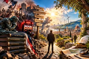 Cinematische symbolische afbeelding over Rypke Zeilmaker en Roger Scruton, met de tegenstelling tussen politiek utopisme en gezond pessimisme, een gokautomaat met het woord HOPE, revolutionaire symboliek, wegwijzers naar utopie, maakbaarheid, controle, gelijkheid en dwang, en een zonnig landschap met windmolens en de historische Italiaanse stad Florence.