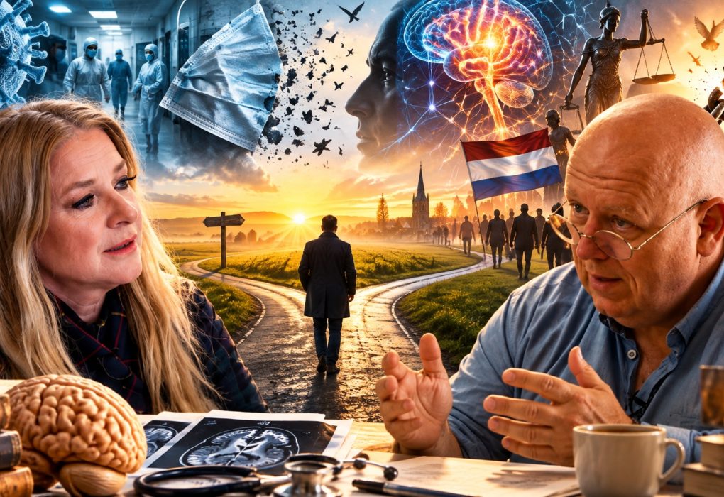 Cinematische collage van Jan Bonte en Marlies Dekkers in gesprek over de coronaperiode, neurologie, vrijheid, angst, medische ethiek en maatschappelijke veranderingen. Op de achtergrond symbolen van het coronavirus, hersenactiviteit, zorgpersoneel, vrijheid, rechtspraak, groepsgedrag en een weg naar de horizon die staat voor persoonlijke en maatschappelijke keuzes.