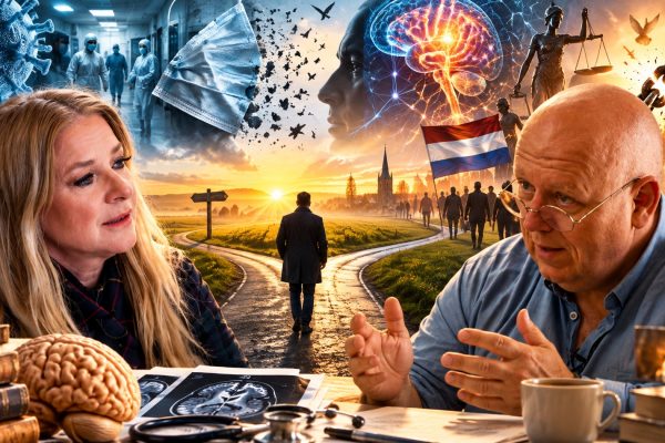 Cinematische collage van Jan Bonte en Marlies Dekkers in gesprek over de coronaperiode, neurologie, vrijheid, angst, medische ethiek en maatschappelijke veranderingen. Op de achtergrond symbolen van het coronavirus, hersenactiviteit, zorgpersoneel, vrijheid, rechtspraak, groepsgedrag en een weg naar de horizon die staat voor persoonlijke en maatschappelijke keuzes.