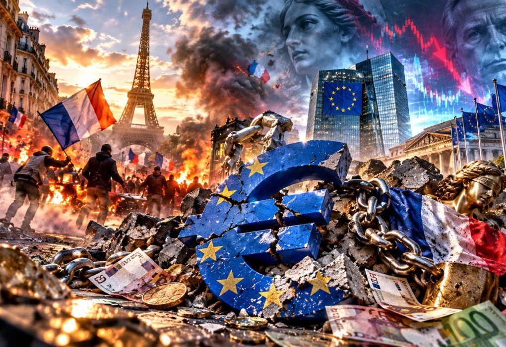 Franse schuldencrisis en Europese financiële onzekerheid met rellen in Parijs, de Franse vlag, een gebroken euroteken, Europese vlaggen en dalende beurskoersen als symbolen van de spanningen rond de eurozone en de Nederlandse financiële soevereiniteit.