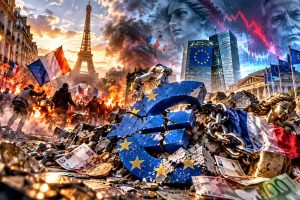 Franse schuldencrisis en Europese financiële onzekerheid met rellen in Parijs, de Franse vlag, een gebroken euroteken, Europese vlaggen en dalende beurskoersen als symbolen van de spanningen rond de eurozone en de Nederlandse financiële soevereiniteit.