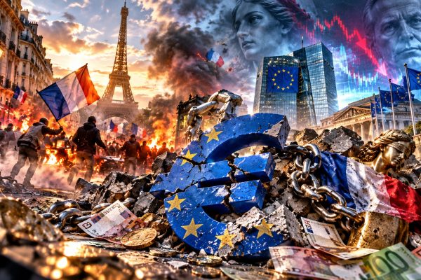 Franse schuldencrisis en Europese financiële onzekerheid met rellen in Parijs, de Franse vlag, een gebroken euroteken, Europese vlaggen en dalende beurskoersen als symbolen van de spanningen rond de eurozone en de Nederlandse financiële soevereiniteit.
