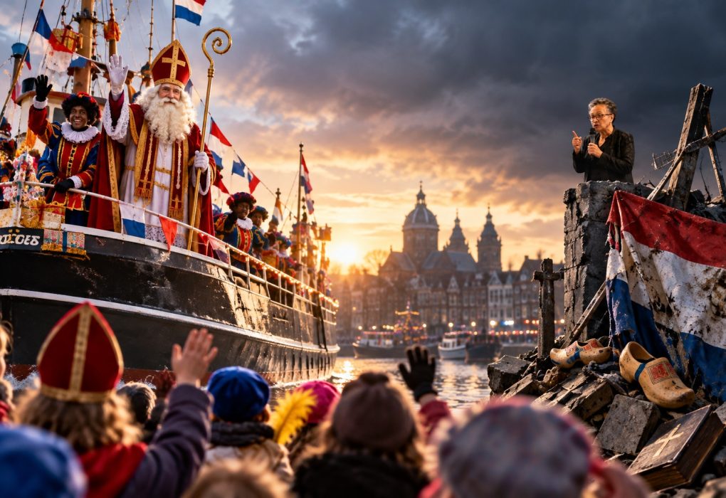 Sinterklaas arriveert met zijn stoomboot in Nederland terwijl op de achtergrond een vrouw met een microfoon symbool staat voor de maatschappelijke strijd rond Nederlandse tradities en cultuur.