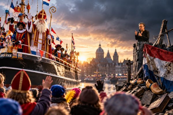 Sinterklaas arriveert met zijn stoomboot in Nederland terwijl op de achtergrond een vrouw met een microfoon symbool staat voor de maatschappelijke strijd rond Nederlandse tradities en cultuur.