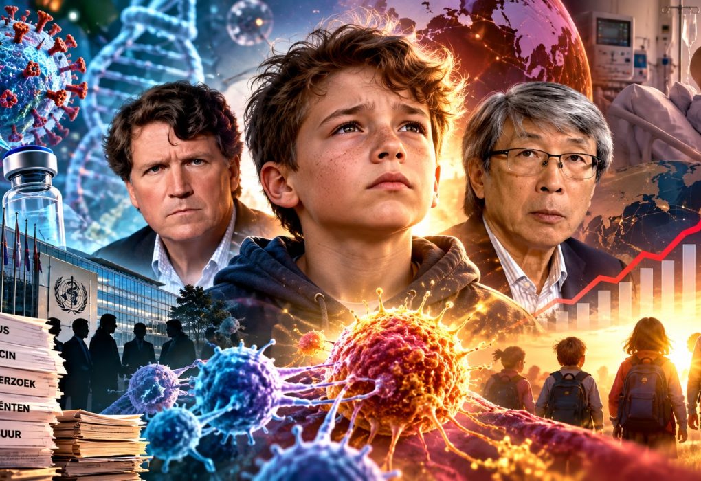Dr. Patrick Soon-Shiong en Tucker Carlson in een cinematografische compositie over de vraag waarom kanker steeds vaker op jonge leeftijd lijkt toe te slaan. Op de voorgrond staat een jongen, omringd door symbolische beelden van kankercellen, virussen, DNA, vaccins en medische onderzoeksgegevens. Op de achtergrond zijn een ziekenhuis, kinderen, medische documenten en een stijgende rode grafiek te zien. Het beeld verwijst naar Soon-Shiongs visie op kanker bij jonge patiënten, de werking van het immuunsysteem en de vragen die hij stelt over COVID-19, het spike-eiwit en mogelijke oorzaken van agressieve kanker.