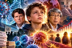 Dr. Patrick Soon-Shiong en Tucker Carlson in een cinematografische compositie over de vraag waarom kanker steeds vaker op jonge leeftijd lijkt toe te slaan. Op de voorgrond staat een jongen, omringd door symbolische beelden van kankercellen, virussen, DNA, vaccins en medische onderzoeksgegevens. Op de achtergrond zijn een ziekenhuis, kinderen, medische documenten en een stijgende rode grafiek te zien. Het beeld verwijst naar Soon-Shiongs visie op kanker bij jonge patiënten, de werking van het immuunsysteem en de vragen die hij stelt over COVID-19, het spike-eiwit en mogelijke oorzaken van agressieve kanker.
