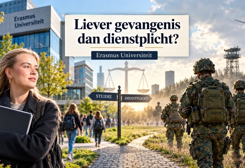 Cinematische journalistieke thumbnail over de discussie rond dienstplicht, gewetensbezwaren en persoonlijke vrijheid, met een studente voor de Erasmus Universiteit en militairen in uniform op de achtergrond. De afbeelding verbeeldt de spanning tussen studeren, militaire verplichtingen, individuele keuzevrijheid en de mogelijke gevolgen van weigering van militaire dienst.