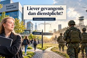 Cinematische journalistieke thumbnail over de discussie rond dienstplicht, gewetensbezwaren en persoonlijke vrijheid, met een studente voor de Erasmus Universiteit en militairen in uniform op de achtergrond. De afbeelding verbeeldt de spanning tussen studeren, militaire verplichtingen, individuele keuzevrijheid en de mogelijke gevolgen van weigering van militaire dienst.