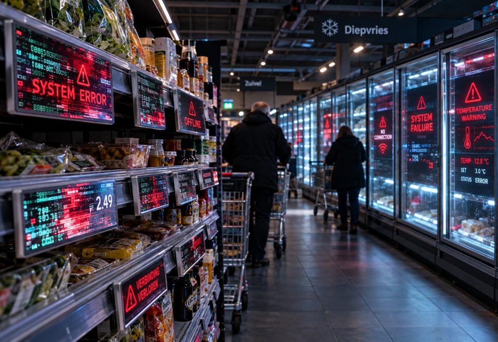 Journalistieke foto van een modern supermarktgaspad in Europa dat is getroffen door een grootschalige cyberaanval. De elektronische prijsbordjes en digitale schaplabels vertonen flitsende foutcodes en matrix-achtige glitches. Op de achtergrond zijn grote glazen koelcellen en diepvrieskasten zichtbaar waarvan de ingebouwde digitale bedieningspanelen helderrode temperatuurwaarschuwingen en systeemstoringen weergeven door gemanipuleerde firmware-software. De sfeer in de winkel is grimmig en schemerig verlicht, wat de fysieke ontregeling van de vitale infrastructuur en de voedselvoorziening symboliseert.