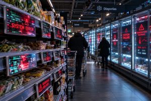 Journalistieke foto van een modern supermarktgaspad in Europa dat is getroffen door een grootschalige cyberaanval. De elektronische prijsbordjes en digitale schaplabels vertonen flitsende foutcodes en matrix-achtige glitches. Op de achtergrond zijn grote glazen koelcellen en diepvrieskasten zichtbaar waarvan de ingebouwde digitale bedieningspanelen helderrode temperatuurwaarschuwingen en systeemstoringen weergeven door gemanipuleerde firmware-software. De sfeer in de winkel is grimmig en schemerig verlicht, wat de fysieke ontregeling van de vitale infrastructuur en de voedselvoorziening symboliseert.