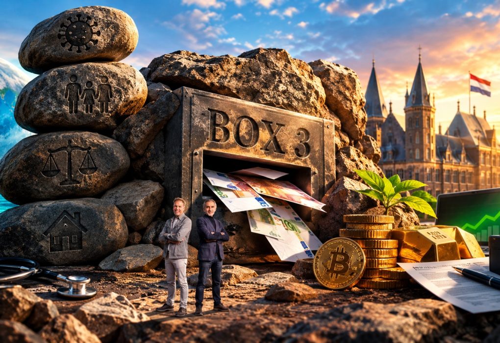 Cinematische afbeelding over de strijd rond box 3, belasting op vermogen en financiële vrijheid, met stenen, belastingdocumenten, geld, goud, Bitcoin en de Nederlandse politiek op de achtergrond.
