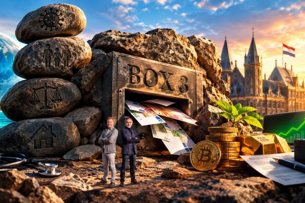 Cinematische afbeelding over de strijd rond box 3, belasting op vermogen en financiële vrijheid, met stenen, belastingdocumenten, geld, goud, Bitcoin en de Nederlandse politiek op de achtergrond.