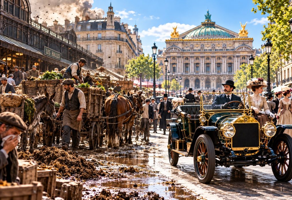 Historische afbeelding van Parijs rond 1900 met vervuilde straten, paarden en ezels voor overbeladen handelswagens naast een schone, klassieke auto. De overgang verbeeldt hoe de automobiel de paardenmestcrisis, stankoverlast en hygiënische problemen in Europese steden hielp verminderen.