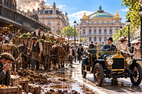 Historische afbeelding van Parijs rond 1900 met vervuilde straten, paarden en ezels voor overbeladen handelswagens naast een schone, klassieke auto. De overgang verbeeldt hoe de automobiel de paardenmestcrisis, stankoverlast en hygiënische problemen in Europese steden hielp verminderen.