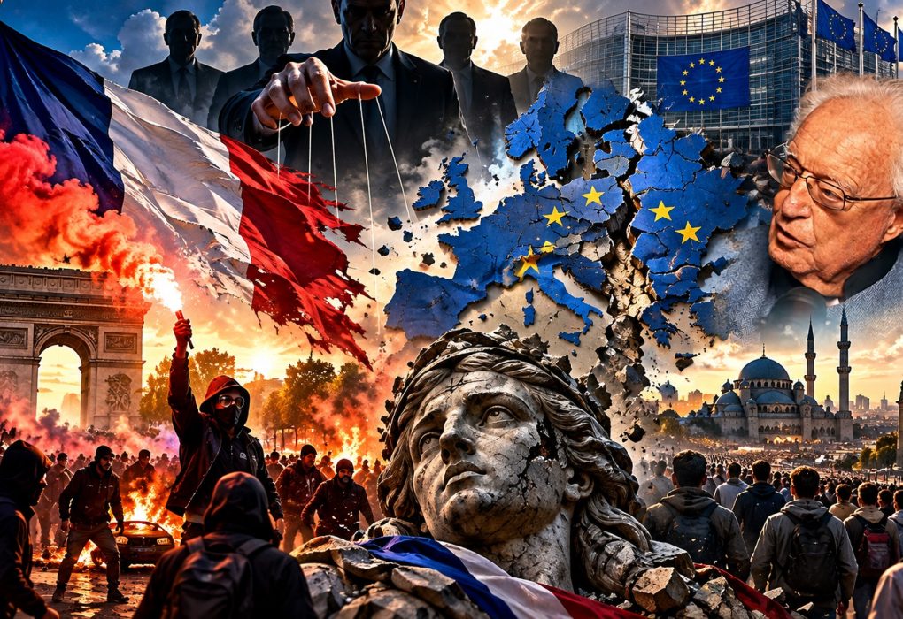 Cinematische illustratie van de Franse rellen en de Europese crisis, met de Franse vlag boven brandende straten in Parijs, demonstranten, een gebarsten kaart van Europa met EU-sterren, het Europees Parlement in Brussel en schimmige machthebbers die met marionettendraden de Europese politiek symboliseren. Op de voorgrond staat een beschadigd Marianne-beeld als symbool voor de Franse republiek, terwijl Charles Gave rechts in beeld is afgebeeld. De compositie verbeeldt de analyse van Gave over de Franse rellen, het verlies van nationale identiteit, Europese technocratie, soevereiniteit en de invloed van politieke elites op de toekomst van Europa.