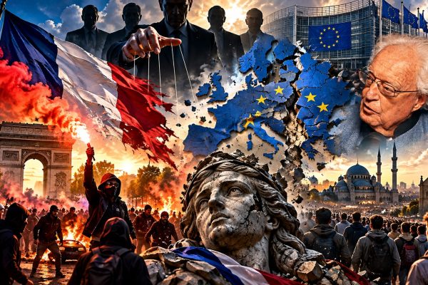 Cinematische illustratie van de Franse rellen en de Europese crisis, met de Franse vlag boven brandende straten in Parijs, demonstranten, een gebarsten kaart van Europa met EU-sterren, het Europees Parlement in Brussel en schimmige machthebbers die met marionettendraden de Europese politiek symboliseren. Op de voorgrond staat een beschadigd Marianne-beeld als symbool voor de Franse republiek, terwijl Charles Gave rechts in beeld is afgebeeld. De compositie verbeeldt de analyse van Gave over de Franse rellen, het verlies van nationale identiteit, Europese technocratie, soevereiniteit en de invloed van politieke elites op de toekomst van Europa.