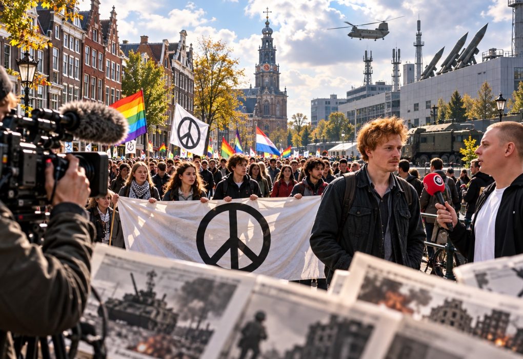 Cinematische fotojournalistieke afbeelding van een vredesdemonstratie in Amsterdam, met jonge demonstranten achter een groot wit spandoek met vredessymbool, een roodharige jonge demonstrant die wordt geïnterviewd door een journalist met een rode microfoon, een professionele televisiecamera op de voorgrond en op de achtergrond symbolische beelden van militaire voertuigen, raketten en een defensiecomplex. De afbeelding verbeeldt de spanning tussen vredesactivisme, Europese herbewapening, wapenproductie, dienstplicht en de rol van de media in het debat over oorlog en vrede.