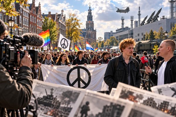 Cinematische fotojournalistieke afbeelding van een vredesdemonstratie in Amsterdam, met jonge demonstranten achter een groot wit spandoek met vredessymbool, een roodharige jonge demonstrant die wordt geïnterviewd door een journalist met een rode microfoon, een professionele televisiecamera op de voorgrond en op de achtergrond symbolische beelden van militaire voertuigen, raketten en een defensiecomplex. De afbeelding verbeeldt de spanning tussen vredesactivisme, Europese herbewapening, wapenproductie, dienstplicht en de rol van de media in het debat over oorlog en vrede.