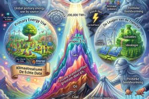Een symbolisch moodboard en infographic over het wereldwijde energieverbruik, met de tegenstelling tussen de 3% bijdrage van zon en wind en de massieve basis van fossiele brandstoffen en biomassa.